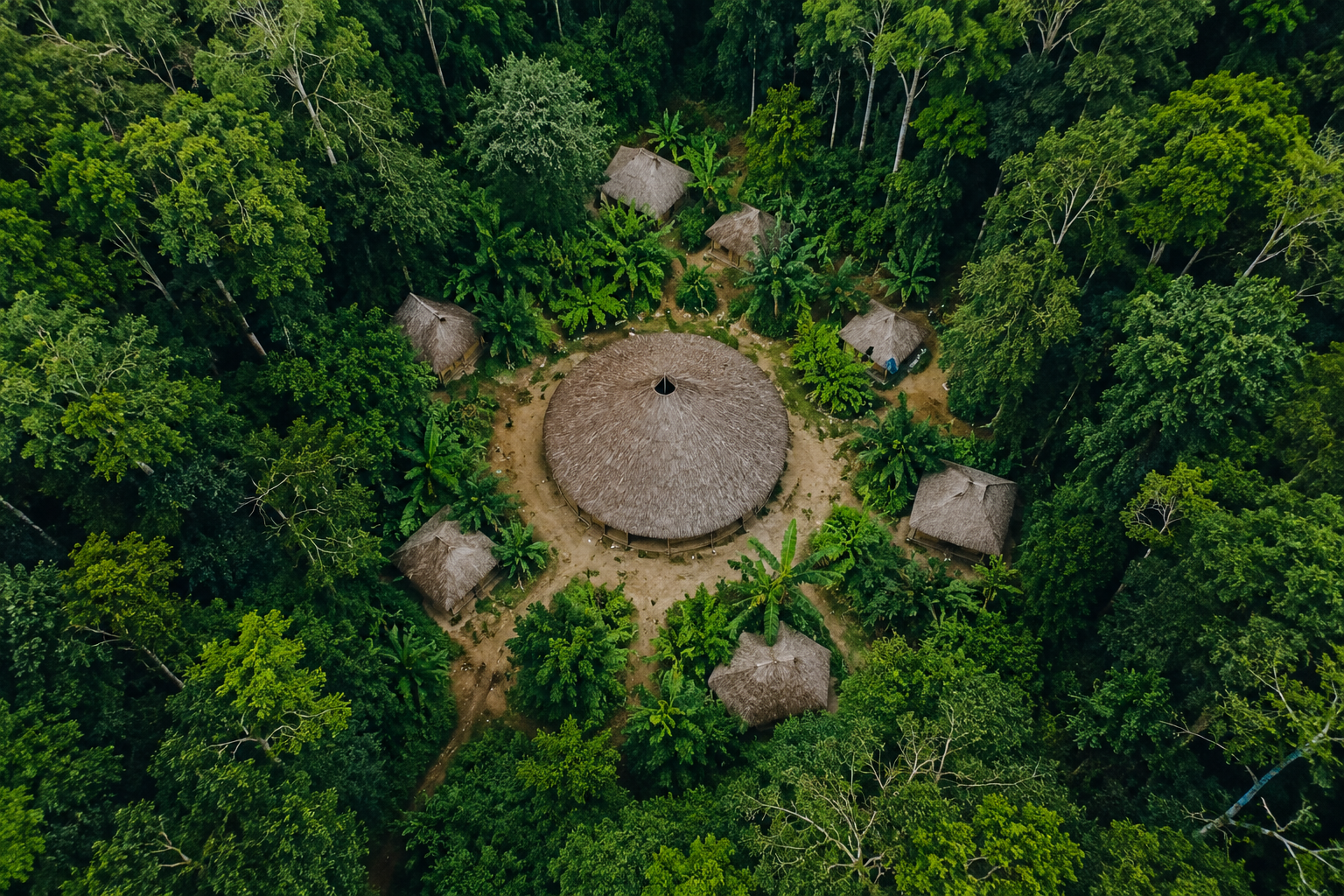 Vista aérea de la maloca y las cabañas del centro Napusamai en la selva de Ecuador
